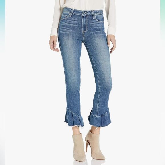 NWT PAIGE Women's Flora Straight Barkley With Ruffle Detail Jeans Size 28 - Picture 1 of 9